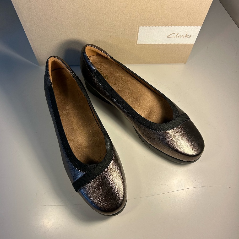 Clarks' dark gold metallic shoe